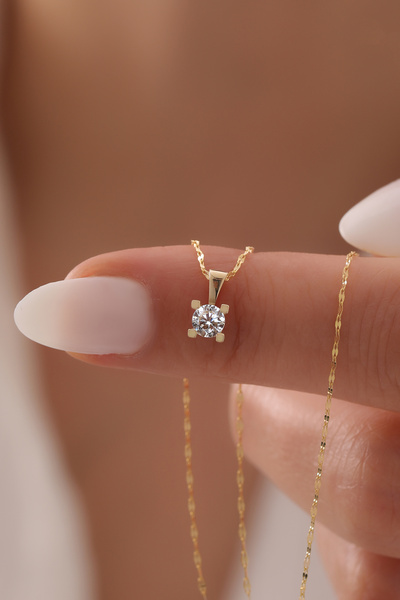 Cemre Gold 14 Ayar Altın Minimal Solitare Tek Taş Kolye