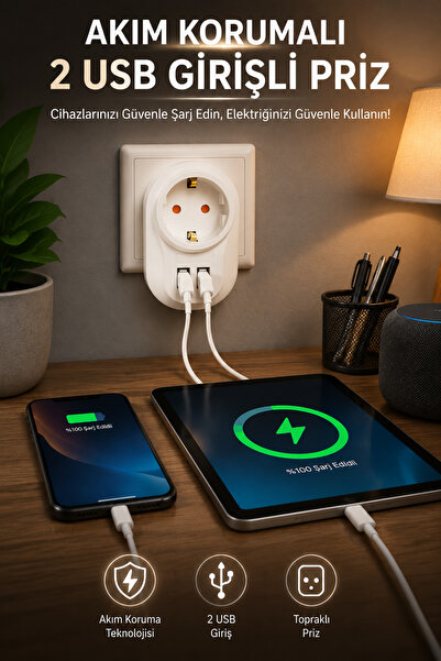 Montbell Akım Korumalı Priz 2 USB Girişli Topraklı Telefon Tablet Şarj Adaptö...