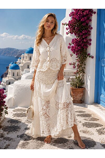 Butik Şenel Bohem Güpür Dantel İşlemeli Etek Bluz Takım(S-M-L Uyumlu)