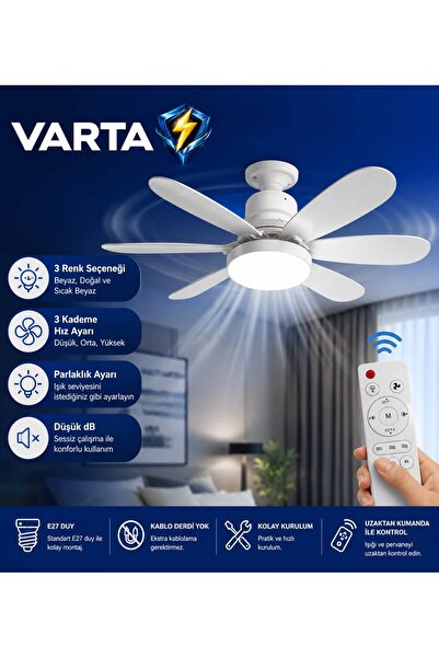 Varta Tavan Vantilatör pervane ampul sessiz çalışma led ışıklı 3 renk ve 3 ka...