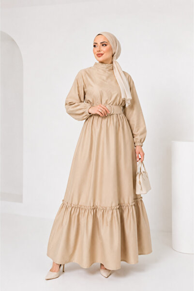 DİAMOND OUTLET Premium Belted Hijab Maxi Dress with Volan Detail