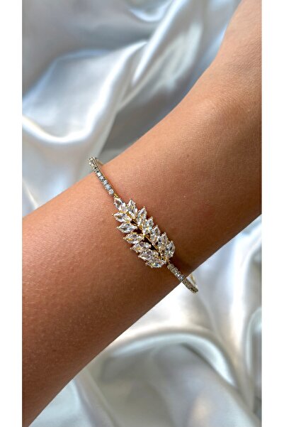 Eylülün Takısı Women's Gold Color Stone Leaf Model Adjustable Bracelet
