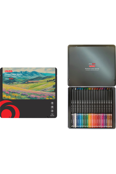 Herlitz Creioane colorate corp negru, mina 4mm, set 24 culori, cutie metalica,