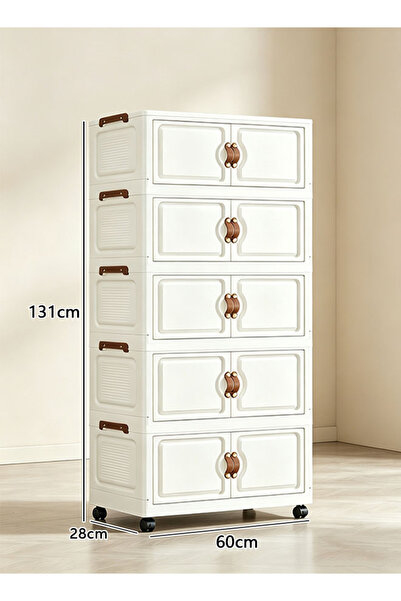 CozyBox 60cm Wide 5 Tier Foldable Storage Cabinet with Doors and Wheels