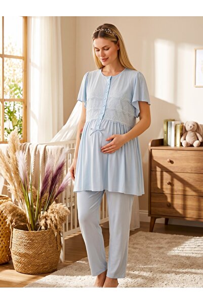 Lohusa Homewear New Season Blue Summer Lace Detailed Special Design Short Sle...