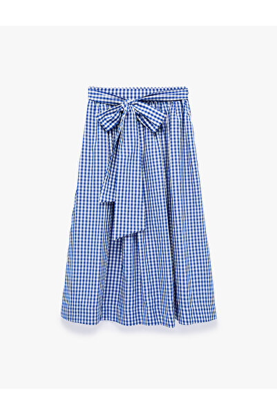 Koton Flared Patterned Bowknot Gingham Midi Skirt