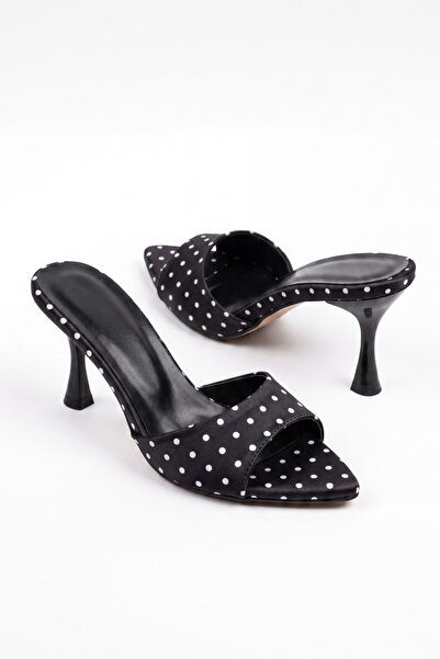 NAVİSHOES Polka Dot Black Women's Pointed Toe 7 cm Goblet Heeled Slippers Sh0...