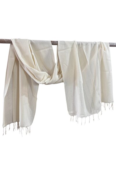 %100 Doğal İpek Şal 60x170 cm Krem Kadın Şal İnce Hafif Saçaklı