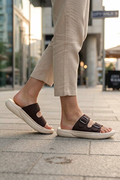 Dormot Brown Ecru Daily Beach Pool Beach Slippers Double Strapped Men's Slippers