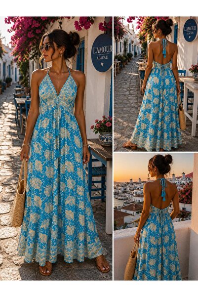shop Kadın Turkuaz Çiçek Desenli %80 İpek Sırt Dekolteli Askılı Uzun Maxi Yaz...