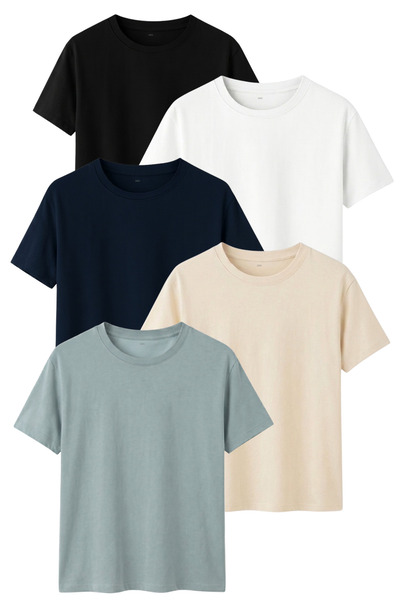 DK DAKSEL 5-Pack Regular Fit Cotton T-Shirt Set Black White Navy Blue Beige Mint