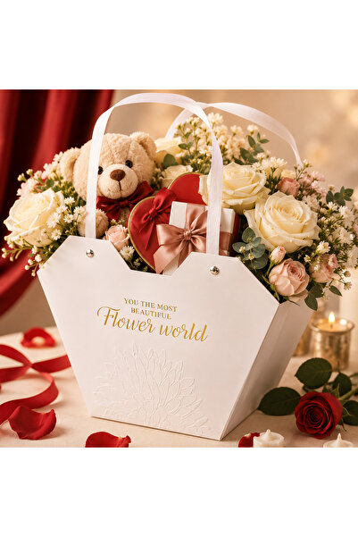 Mutkin Beyaz Kalpli Karton Hediye Çantası 23x15x9 cm Flower World Baskılı Çiç...