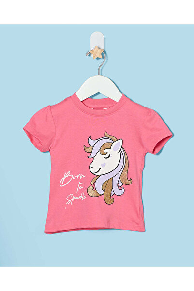 REDTAG Infant Girls Fuchsia Chest Print T-Shirt