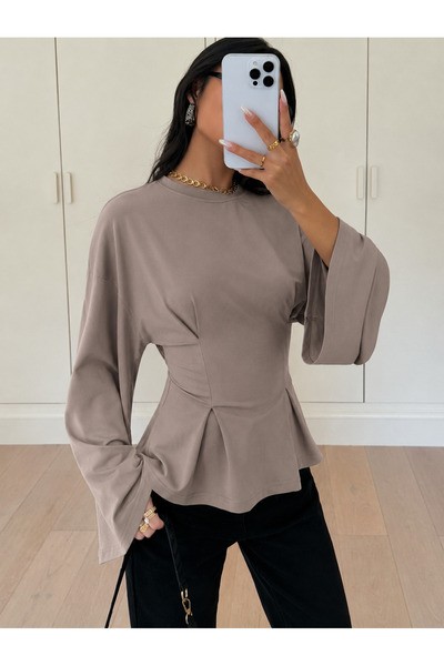 peri tower Women's Waist-Slit Flounce Long Sleeve Blouse 223