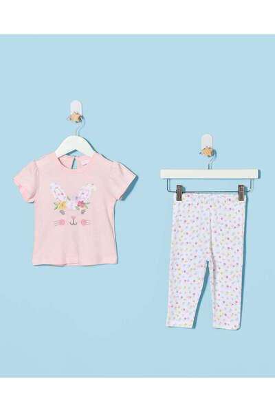 REDTAG Infant Girls Pink Bunny Interlock Pyjama Set