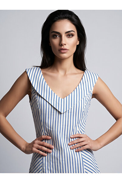 Herry بلوزة نسائية أنيقة بدون أكمام بتفاصيل مخططة وياقة على شكل V