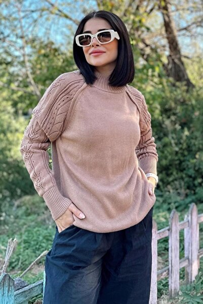 Moda4x4 Women's Clothing Coffee Color High Collar, Patterned Long Sleeve Deta...