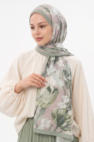 InStyle Çiçek Desen Dijital Bambu Kraş Şal - Açık Gri