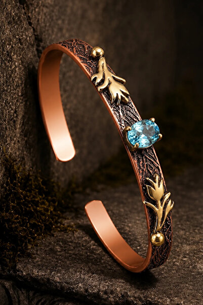 OSMANLI GÜMÜŞ Women's Copper Bracelet with Natural Oval Blue Aquamarine Stone...