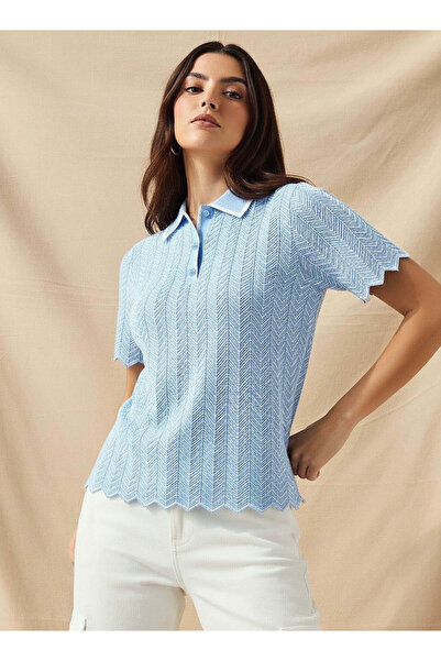 FAV TEXTURED STRIPED COLLARED KNIT TOP