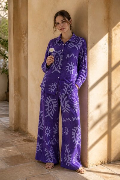 FALERIA Women's Fish Patterned Bohemian Linen Shirt and Trousers Two-Piece Set
