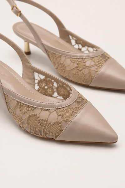Women Lay-z Women's Comfortable Beige Lace Detailed Short Heeled Stiletto