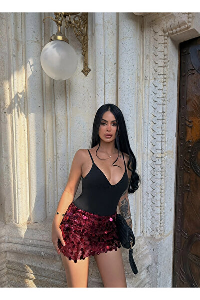 kırmızı butiks Burgundy Sequined Mini Skirt