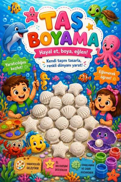 ankadizayn 16 Adet Deniz Temalı Boyama Seti Taş + 6 adet Boya + 1 adet Fırça