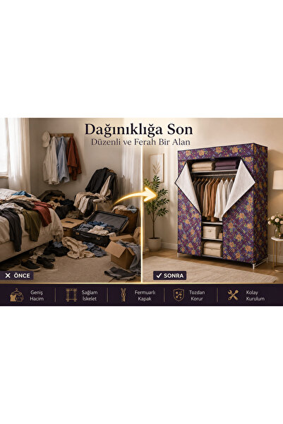 Meteks Pratik Fermuarlı Gardrop / Kıyafet Elbise Dolabı 140x40x120 cm