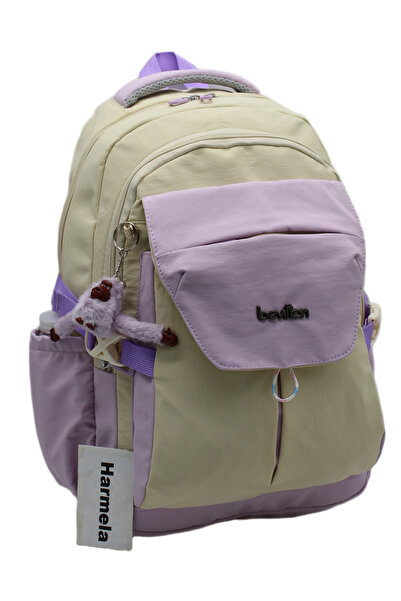 Harmela School Bag Waterproof Fabric Unisex School Backpack 2601 Beige-Lilac