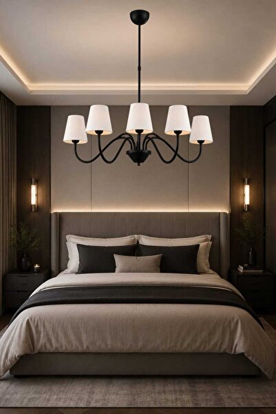 BSA LIGHTING MİRA 5'Lİ SİYAH MODERN AVİZE (KREM KONİK ABAJURLU) E27 DUYLU KLASİK ŞIK AVİZE
