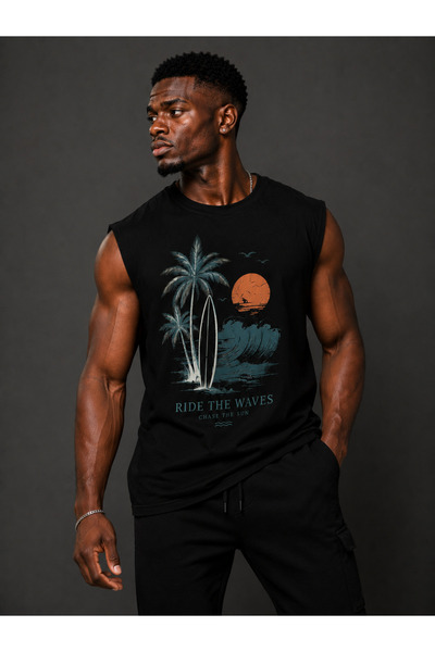 ENB1R MODA Men's Black Zero Sleeve Athlete Surf Printed Crew Neck Streetwear ...