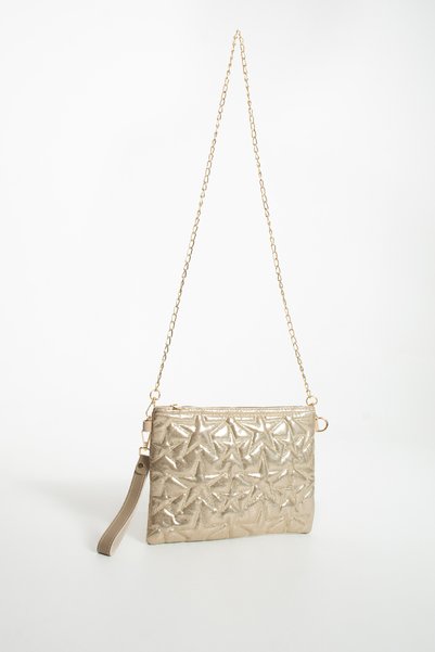 LUNABLU Star Embroidered Portfolio Handbag with Chain and Wrist Strap, Satin Lined Clutch Bag