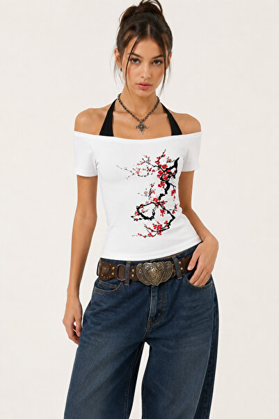 None White Sakura Y2K Short Sleeve Crop with Additional Straps