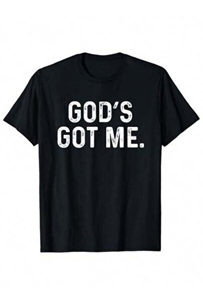 4CR تي شيرت مسيحي مضحك بطبعة 'God's Got Me' بخط جريء، أسود مع حروف بيضاء، ناع...