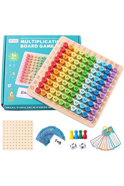 Treehole Joc Montessori din Lemn – Tabla Înmulțirii 10x10 cu Cartonașe, Zarur...