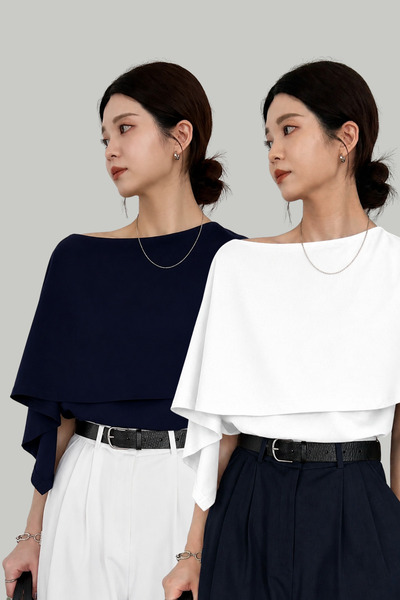 Tarz Cool Women's Set of 2 White - Navy Blue Boat Neck Cape Detailed Modern D...