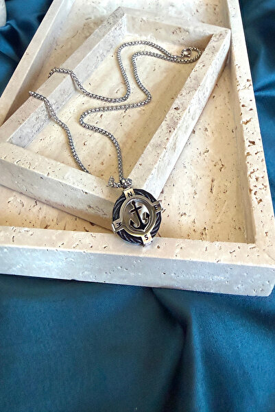 MOONİ ACCESSORİES Rope Rudder Figured Sailor Model Men's Necklace Silver Blac...