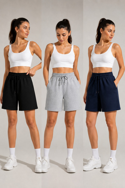CANDERO Women's 3-Piece Shorts Set High Waist Relaxed Fit - Black / Gray / Na...