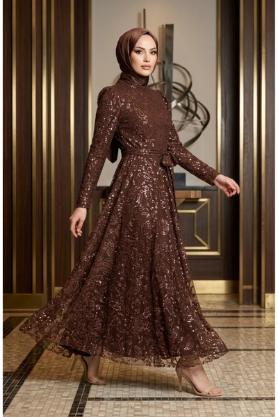sefamerve Silvery Belted Hijab Evening Dress 5808-04 Brown