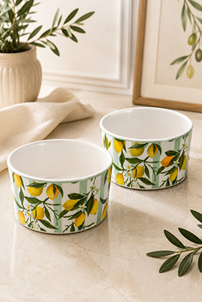 PUPSI Set 2 Boluri din Ceramică 175 ml cu Model Lămâi, Boluri pentru Desert, ...