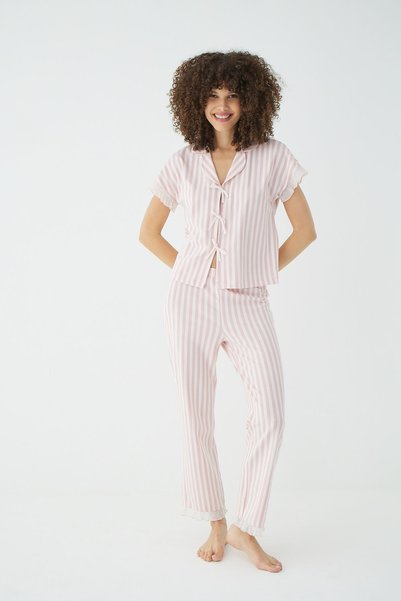 İPEKTENİM Sleeve and Hem Tulle Ruffle Detailed Front Tie Striped Low Sleeve Pajama Set