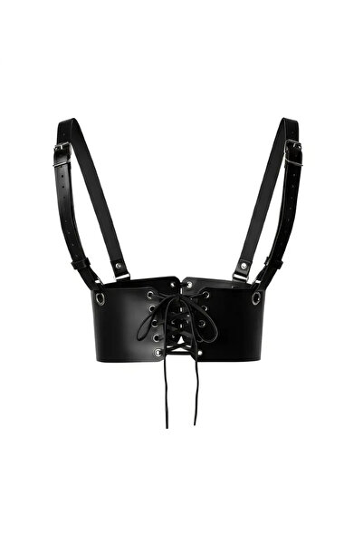 Angels Passion Black Leather Corset with Lace-Up Shoulder Straps