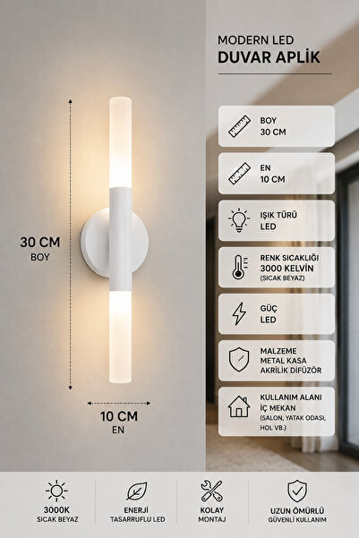 MYLUX AYDINLATMA VE TASARIM Modern Led Wall Sconce 30 cm White |   3000K Warm...