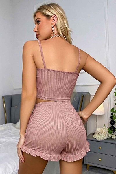 Merry See Dantelli Askılı Crop Üst ve Fırfır Paça Mini Şortlu Pijama Takım