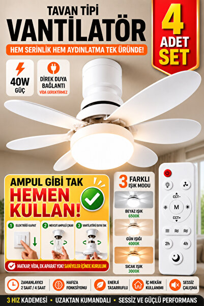Kasliva 4’lü Set LED Işıklı Tavan Tipi Vantilatör Duya Takılan Kumandalı 3 Hı...
