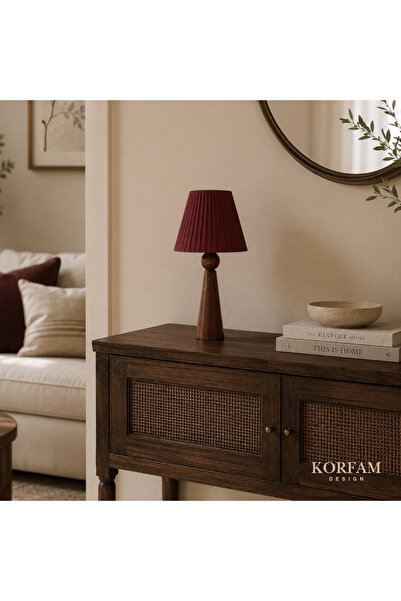 KorFam Bordo Keten Kumaş Başlıklı Ahşap Abajur