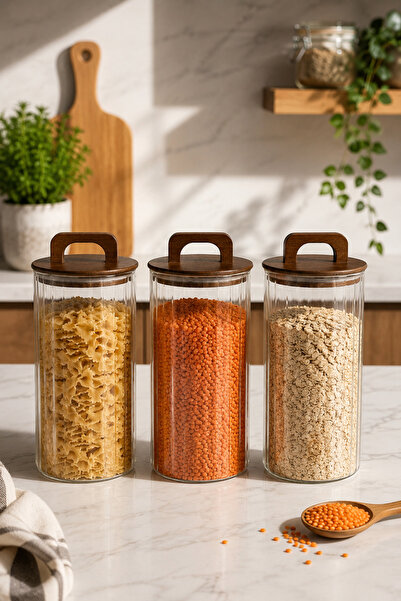 Fhilli Aria- 3-Piece Borosilicate Jar with Bamboo Lid 1300 ml Striped