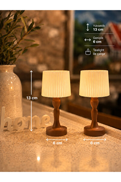 Dezora Home 2'li Dekoratif Tealight Masa Lambası - Ahşap Görünümlü Pleli Abaj...