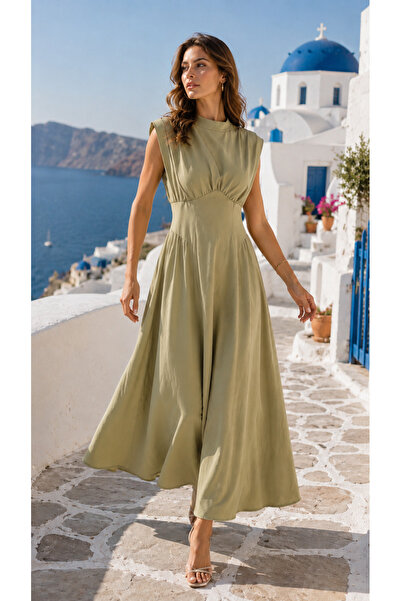 legends butik Kadın Drapeli Sırt Dekolteli Sıfır Kol Maxi Yazlık Elbise